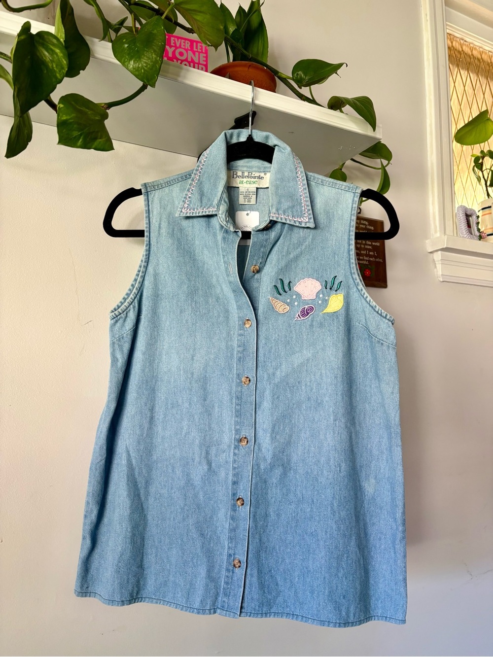 Light Blue Sleeveless Denim Shirt with Embroidered Shells